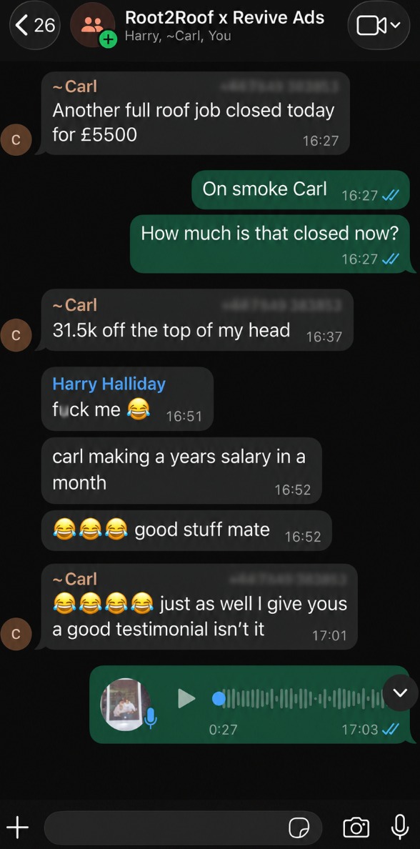 Carl: another full roof job closed today for £5500, 31.5k off the top of my head